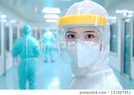 Medical professional in protective gear in a sterile environment during health emergency situation Medical professional in protective gear in a sterile environment during health emergency situation 131897451