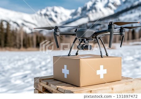 Drone Delivery in Snowy Landscape with Medical Supply Package on Wooden Pallet 131897472