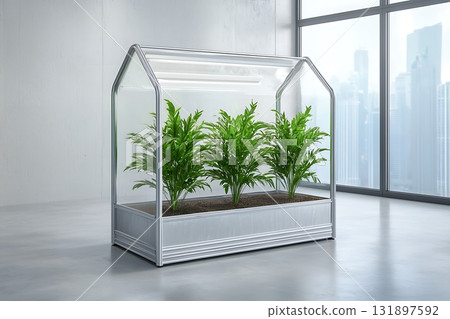 Modern indoor greenhouse with lush green plants in contemporary urban setting 131897592