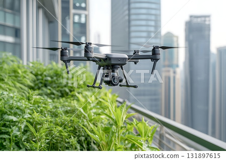 Drone Flying Above Lush Greenery with Cityscape in Background on Urban Balcony Drone Flying Above Lush Greenery with Cityscape in Background on Urban Balcony 131897615