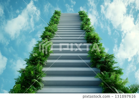 Ascending Green Stairs Surrounded by Lush Foliage Beneath a Blue Sky with Clouds Ascending Green Stairs Surrounded by Lush Foliage Beneath a Blue Sky with Clouds 131897616