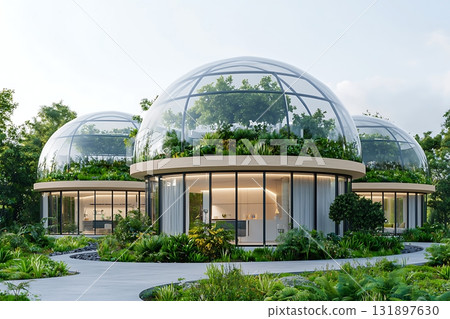 Modern glass dome buildings with lush greenery in a serene outdoor landscape Modern glass dome buildings with lush greenery in a serene outdoor landscape 131897630