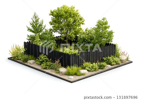 Lush Green Garden Area Surrounded by Black Picket Fence with Diverse Plants and Trees 131897696