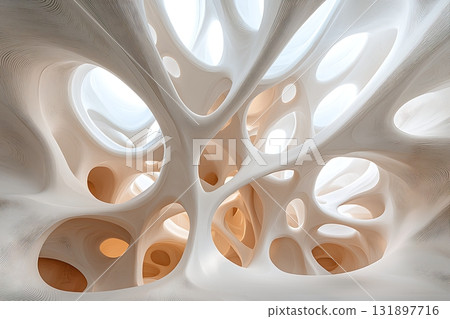 Intricate Abstract Design of Organic Shapes with Natural Light Streaming Through Openings 131897716