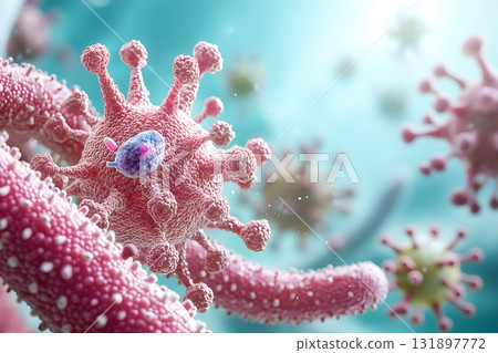 Microscopic View of Colorful Virus Structure with Intricate Details and Background Elements 131897772