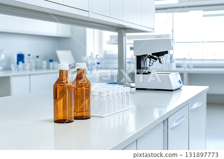 Laboratory Scene with Amber Glass Bottles and Clear Vials on a Clean White Countertop 131897773