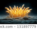 Golden Wheat Sheaves Illuminated in Dark Background with Soft Focus on Grain Stalks 131897779