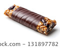 Chocolate Covered Snack Bar with Nuts and Caramel Filling on White Background 131897782