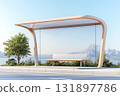 Modern Bus Stop Shelter Design with Scenic Mountain View and Clear Sky Background 131897786