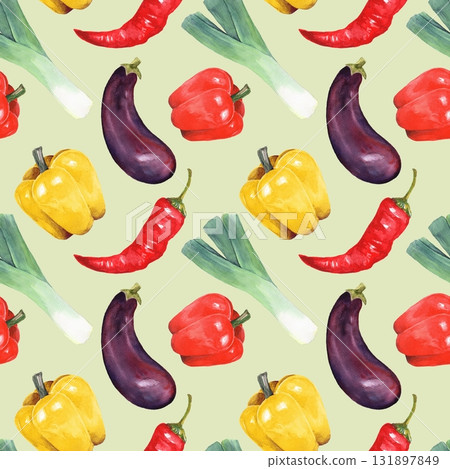 Seamless watercolor pattern with fresh eggplants, red, yellow bell peppers, chili peppers, and leeks on light green background. Design for kitchen decor, healthy food packaging, or culinary projects. Seamless watercolor pattern with fresh eggplants, red, yellow bell peppers, chili peppers, and leeks on light green background. Design for kitchen decor, healthy food packaging, or culinary projects. 131897849