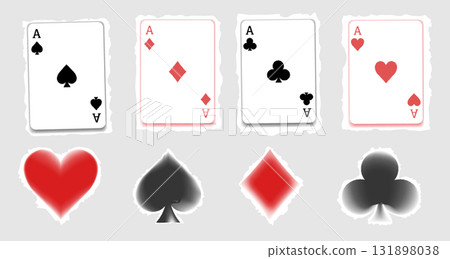 Paying cards halftone with torn paper y2k collage four Aces set of Spades, Hearts, Diamonds and Clubs. Poker cards suits with dots. traditional shapes and authentic colors Paying cards halftone with torn paper y2k collage four Aces set of Spades, Hearts, Diamonds and Clubs. Poker cards suits with dots. traditional shapes and authentic colors 131898038