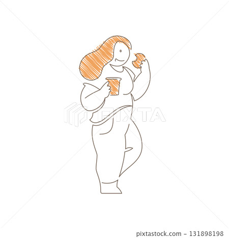 Minimalist Line Art Woman Drinking Coffee And Holding Cookie In Relaxed Pose Vector Illustration 131898198