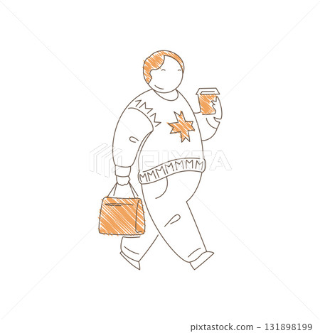 Minimalist Line Art Man Wearing Sweater Walking With Bag And Drinking Coffee Vector Minimalist Line Art Man Wearing Sweater Walking With Bag And Drinking Coffee Vector 131898199