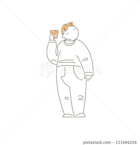 Minimalist Line Art Man Standing And Holding Coffee Cup With Raised Arm Vector 131898208