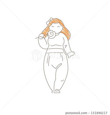 Minimalist Line Art Girl Standing With Lollipop In Mouth Vector Illustration 131898217