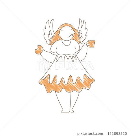 Minimalist Line Art Woman With Angel Wings Holding Cookie And Coffee Vector 131898220