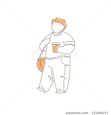 Minimalist Line Art Man In Loose Clothing Holding Coffee Cup With Bag Vector Minimalist Line Art Man In Loose Clothing Holding Coffee Cup With Bag Vector 131898221