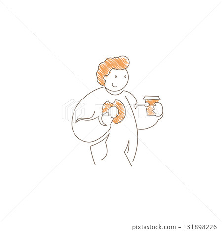 Minimalist Line Art Man Holding Coffee Cup And Donut With Smile Vector Illustration 131898226