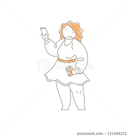 Minimalist Line Art Woman Holding Smartphone And Takeaway Coffee Cup Vector 131898252