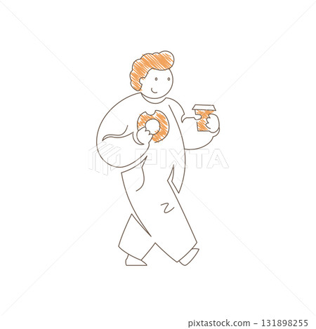 Minimalist Line Art Man Walking With Donut And Takeaway Coffee Cup Vector 131898255