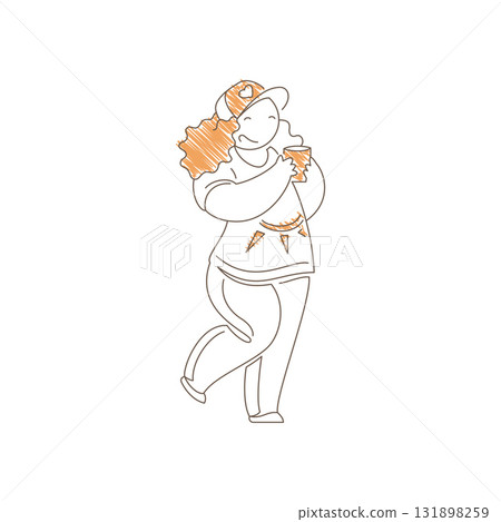 Minimalist Line Art Girl In Cap Drinking Coffee With Raised Leg Vector 131898259
