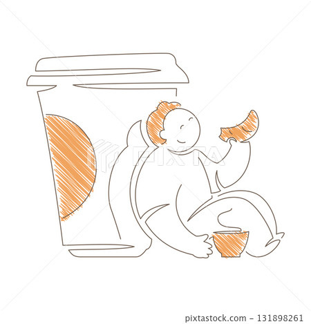 Minimalist Line Art Man Sitting On Floor With Oversized Coffee Cup Vector 131898261