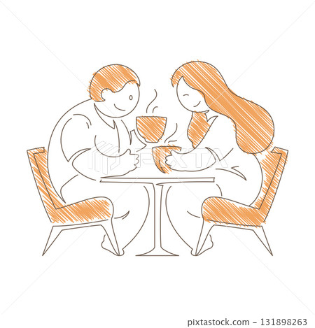 Minimalist Line Art Man And Woman Sitting At Table With Coffee Cups Vector 131898263