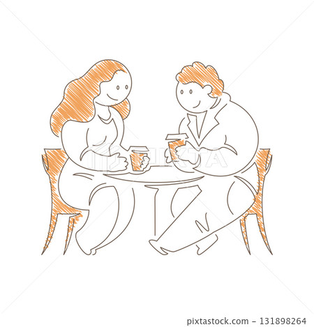 Minimalist Line Art Couple Sitting At Round Table With Coffee Cups Vector 131898264