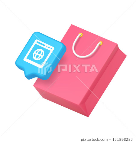 3d Realistic Icon Of Shopping Bag With Internet Symbol In Colorful Isometric Vector Style 131898283