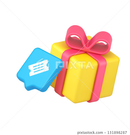 3d Realistic Icon Of Yellow Gift Box With Coupon Badge And Discount Card In Modern Vector Style 131898287