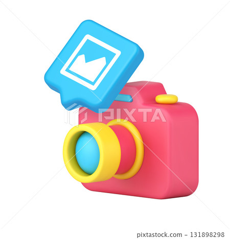 3d Realistic Icon Of Pink Camera With Blue Photo Bubble For Gallery App Interface Design 131898298
