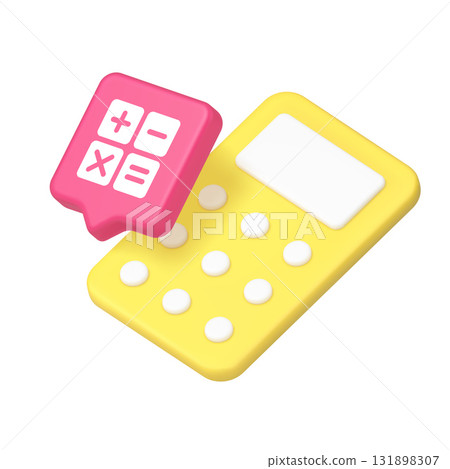3d Realistic Icon Of Bright Yellow Calculator With Pink Arithmetic Symbols For Finance Apps 131898307