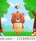 A funny cute bear holds a barrel of honey and looks at a bee above him on the background of a forest landscape. Cartoon children's vector illustration for the design of postcards, postcards, stickers 131898339