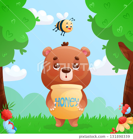 A funny cute bear holds a barrel of honey and looks at a bee above him on the background of a forest landscape. Cartoon children's vector illustration for the design of postcards, postcards, stickers 131898339