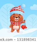 Funny happy cute teddy bear in a hat and scarf holding skates on a winter background. Cartoon children's vector illustration for the design of postcards, postcards, clothing, textiles, stickers. 131898341
