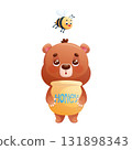 A funny cute bear holds a barrel of honey and looks at a bee above him on a white background. Cartoon children's vector illustration for the design of postcard, postcard, textile, sticker 131898343