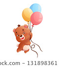 Funny happy cute bear is flying on balloons on a white background. Birthday concept, congratulations. Cartoon children's vector illustration for the design of postcard, card, clothe, textile, sticker 131898361