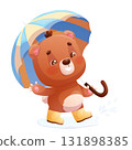 Funny cute bear in rubber boots and carrying an umbrella walks through a puddle on a white background. Cartoon children's vector illustration for the design of postcards, postcards, stickers. 131898385