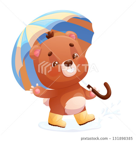 Funny cute bear in rubber boots and carrying an umbrella walks through a puddle on a white background. Cartoon children's vector illustration for the design of postcards, postcards, stickers. 131898385