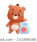 Funny happy cute teddy bear holding dental floss on a white background. The concept of a dental clinic. Cartoon children's vector illustration for the design of postcards, postcards, stickers 131898386