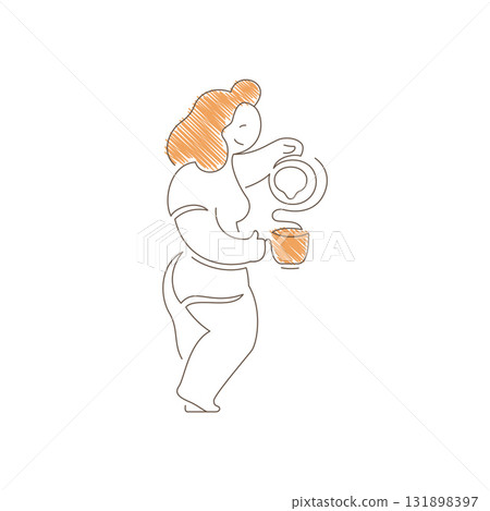 Minimalist Line Art Woman Pouring Coffee From Pot With Orange Highlights Isolated Vector Illustration Minimalist Line Art Woman Pouring Coffee From Pot With Orange Highlights Isolated Vector Illustration 131898397