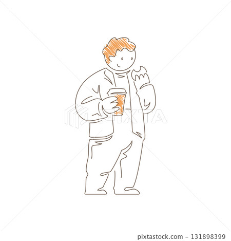 Minimalist Line Art Man Holding Coffee Cup And Cookie With Orange Highlights Vector Illustration Minimalist Line Art Man Holding Coffee Cup And Cookie With Orange Highlights Vector Illustration 131898399