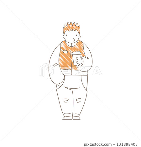 Minimalist Line Art Man Holding Coffee Cup With Hand In Pocket And Orange Accents Vector 131898405