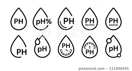 PH balance icons set. Neutral water level. Water PH measure. Neutral balance skin. Drop line icon. Healthcare design web symbol. Vector illustration isolated on white background PH balance icons set. Neutral water level. Water PH measure. Neutral balance skin. Drop line icon. Healthcare design web symbol. Vector illustration isolated on white background 131898495