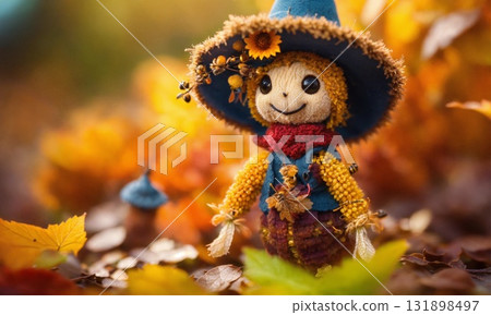 cute little scarecrow honey bee sitting on the leaves in the autumn halloween 131898497
