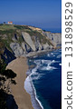 A breathtaking wide shot of the rugged coastline in Gijon, Asturias, Spain, featuring steep, layered cliffs covered with rich greenery 131898529