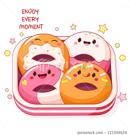 Vector box with set of cute donuts in kawaii style. Lunchbox set of donut with smiling face and pink cheeks. Can be used for t-shirt print, sticker, badge, greeting card design. Takeaway snacks Vector box with set of cute donuts in kawaii style. Lunchbox set of donut with smiling face and pink cheeks. Can be used for t-shirt print, sticker, badge, greeting card design. Takeaway snacks 131898629