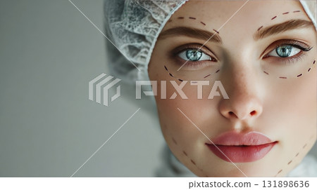 Woman preparing for cosmetic surgery with marking lines 131898636