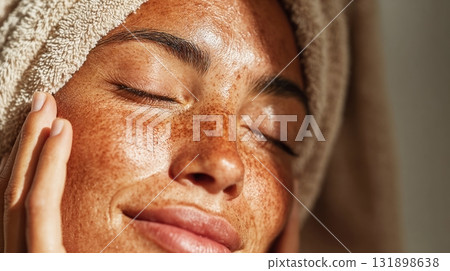 Woman enjoying glowing skin after self care routine 131898638