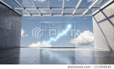 The ascending line graph of the glass screen panel on the floor of the concrete building 131898688